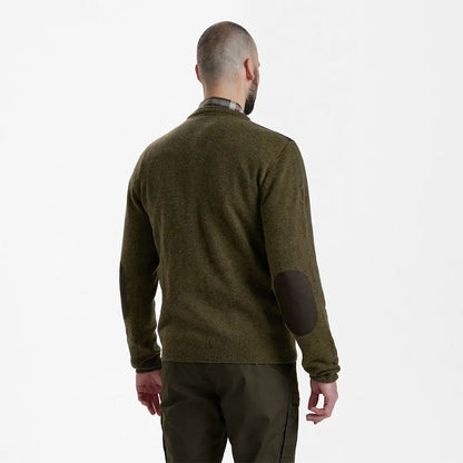 Olive green Deerhunter Sheffield Knit sweater with elbow patches for a stylish look