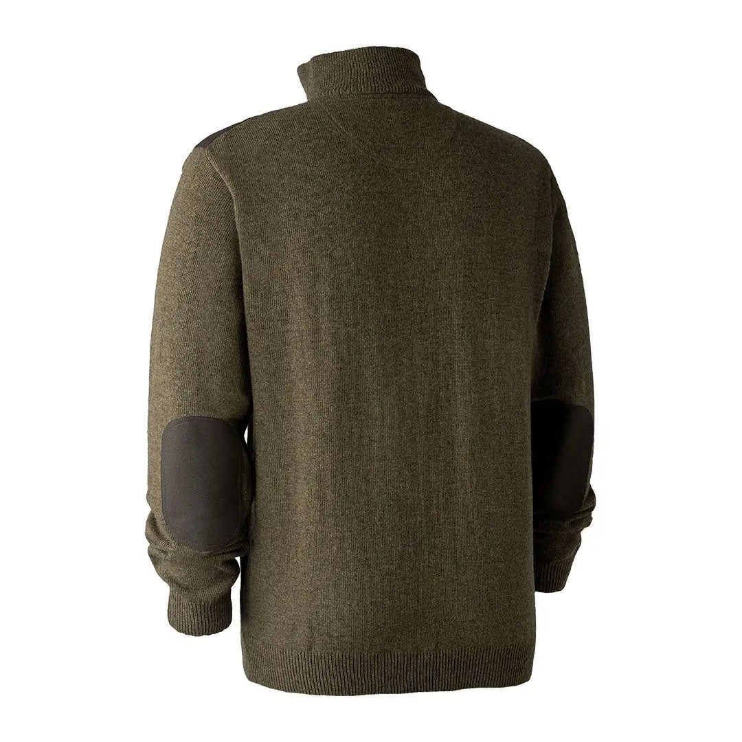 Olive green Wool Sheffield Knit with zip neck and elbow patches by Deerhunter