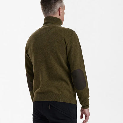 Olive green Deerhunter Sheffield Knit with zip neck and stylish elbow patches