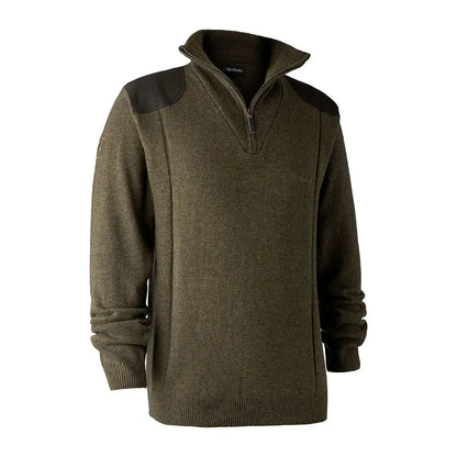 Olive green Deerhunter Sheffield Knit with zip neck and shoulder patches for style