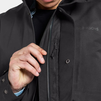 Black zippered Didriksons Andreas Parka with pockets, perfect for Nordic weather