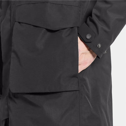 Black Didriksons Andreas Parka featuring a pocket with a hand, perfect for Nordic weather