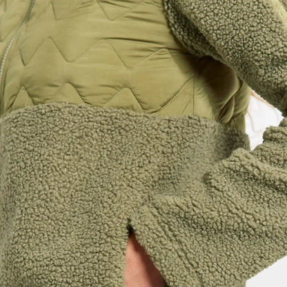 Olive green sherpa and quilted puffer jacket with side slit from Didriksons Bibi 2 for outdoors