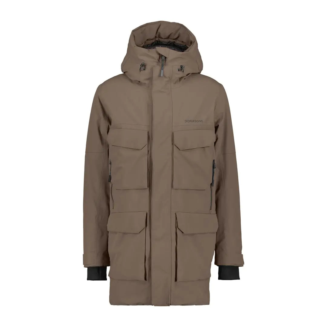 Men’s long brown Drew Parka jacket with flap pockets, perfect for chilly days country clothing
