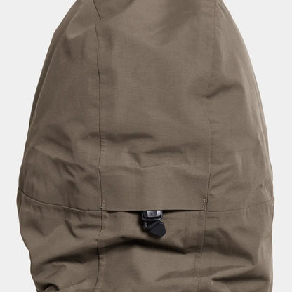 Close-up of brown nylon hood with drawstring toggle on Didriksons Frida Womens Parka