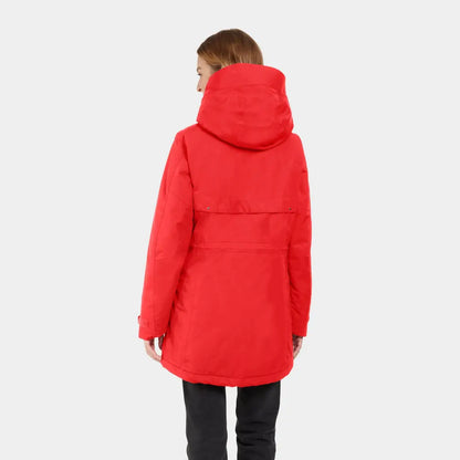 Woman in a red sporty mid-length Didriksons Frida Womens Parka winter coat