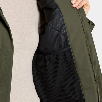 Olive green Didriksons Frida Womens Parka with mesh pocket and quilted lining for a sporty mid-length look