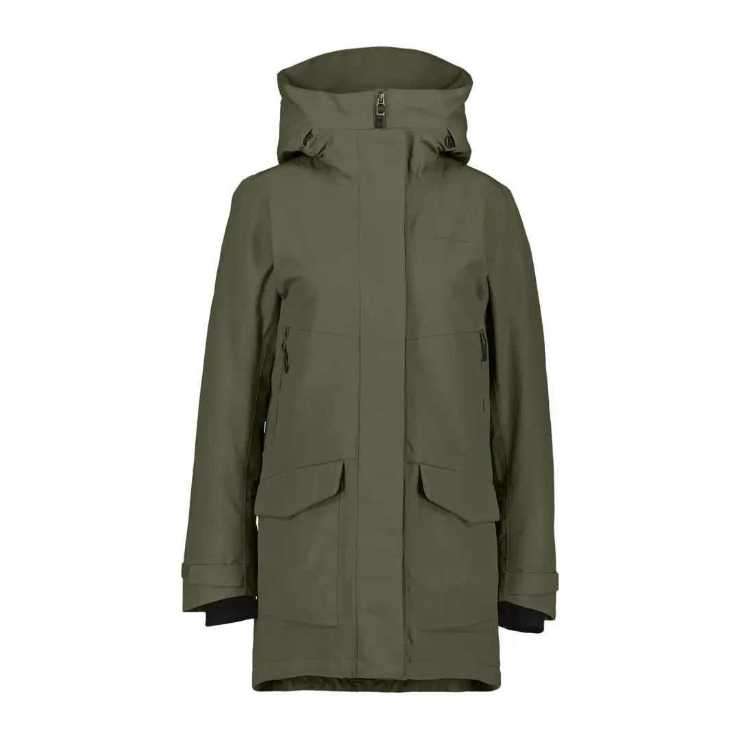 Olive green waterproof hooded sporty mid-length parka for women in Didriksons Frida