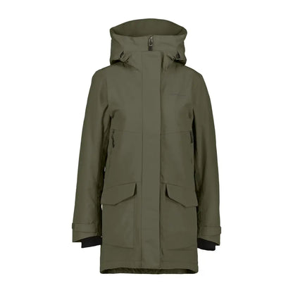 Olive green waterproof hooded sporty mid-length parka for women in Didriksons Frida