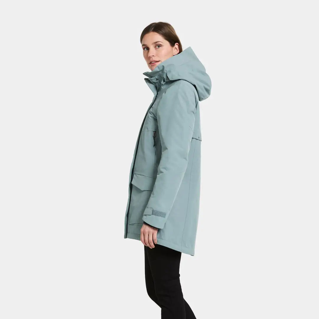 Light blue Didriksons Frida Womens Parka, a sporty mid-length winter parka for women