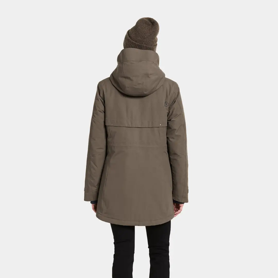 Woman wearing Didriksons Frida Womens Parka, a sporty mid-length parka with hood