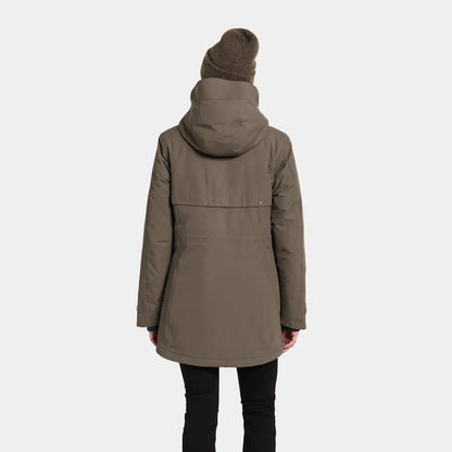 Woman wearing Didriksons Frida Womens Parka, a sporty mid-length parka with hood