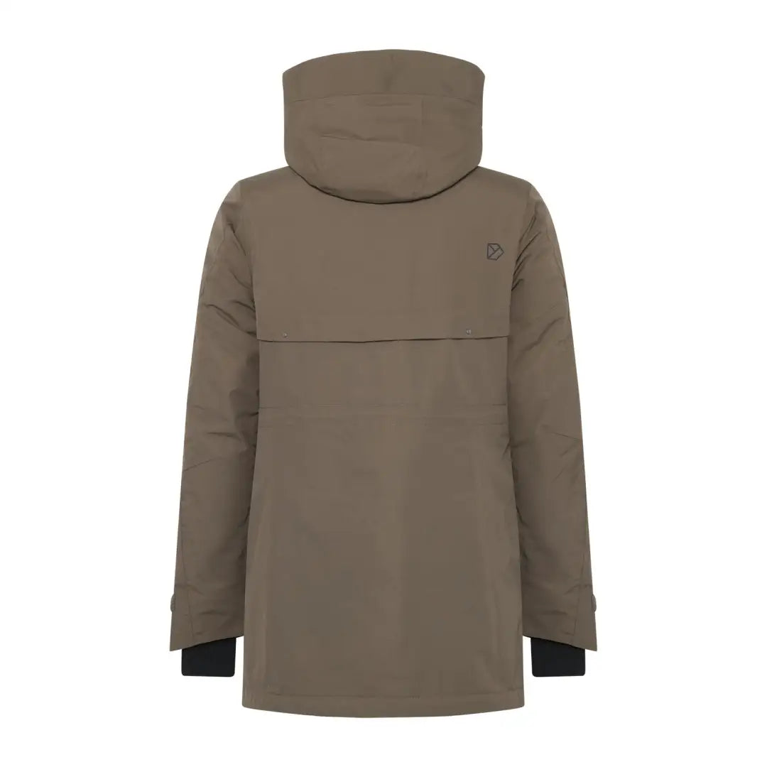 Brown hooded sporty mid-length parka with black cuffs from Didriksons Frida Womens Parka 7