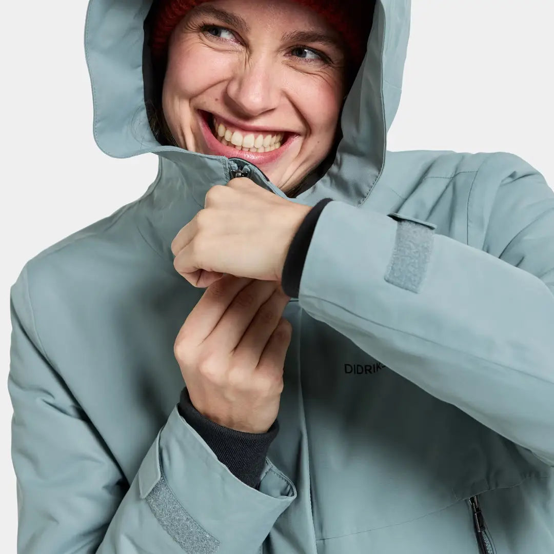 Woman in light blue Didriksons Frida Womens Parka, sporty mid-length parka zip up