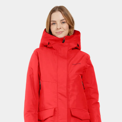 Woman wearing sporty mid-length Didriksons Frida Womens Parka with multiple pockets
