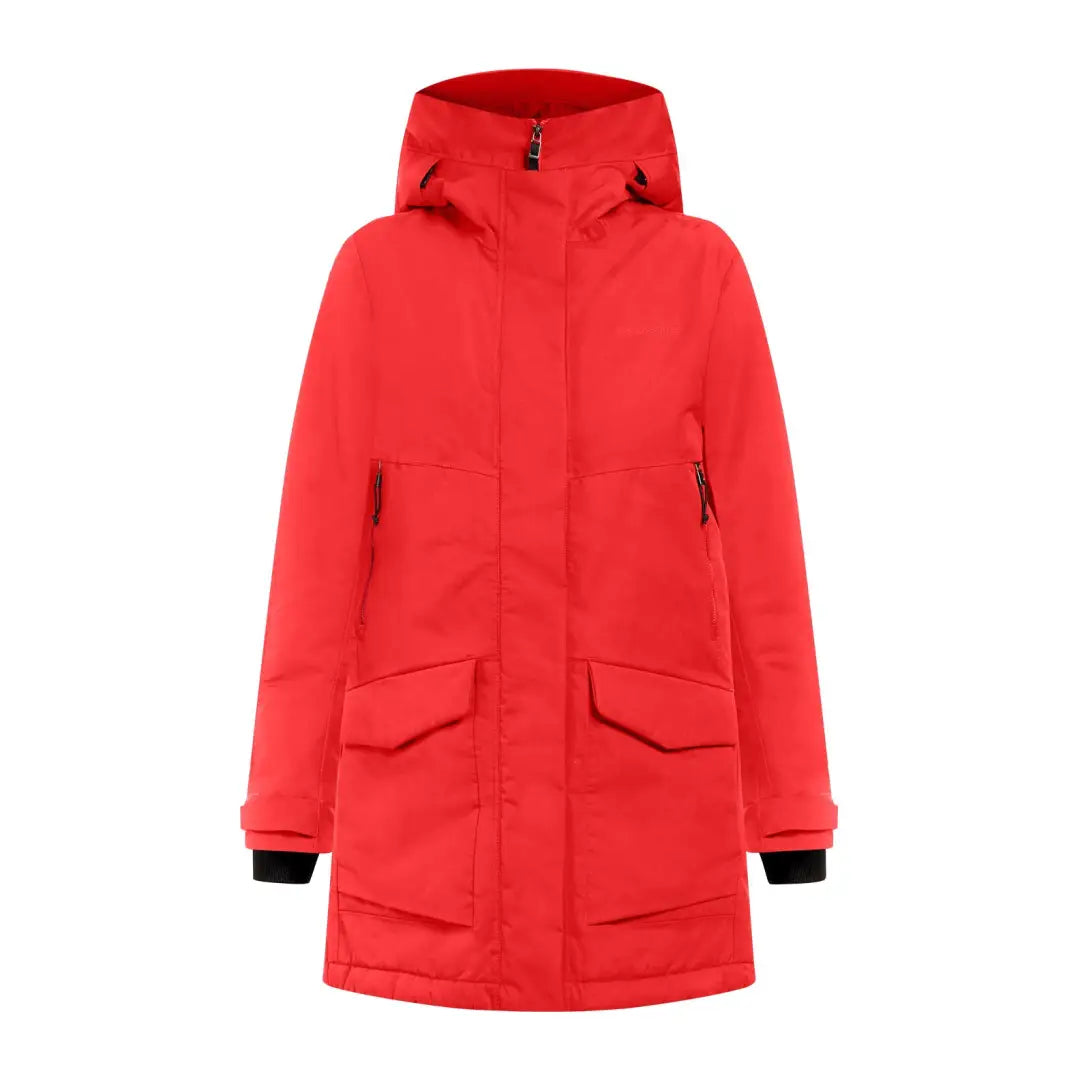 Bright red Didriksons Frida Womens Parka, sporty mid-length parka with pockets and black cuffs