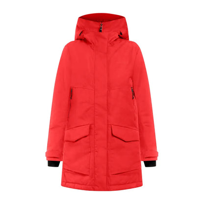 Bright red Didriksons Frida Womens Parka, sporty mid-length parka with pockets and black cuffs