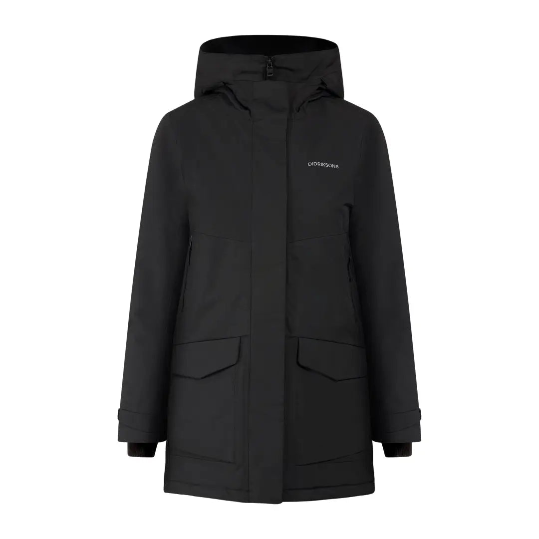 Black hooded sporty mid-length parka with front pockets from Didriksons Frida Womens Parka 7