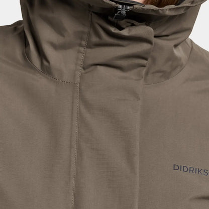 Close-up of Didriksons Frida Womens Parka showing a brown sporty mid-length parka with zipper and high collar
