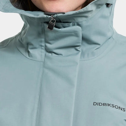 Close-up of a person in a pale blue waterproof sporty mid-length parka with zipped high collar