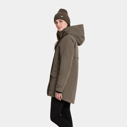Olive green Didriksons Frida Womens Parka with black lining, a sporty mid-length parka for women