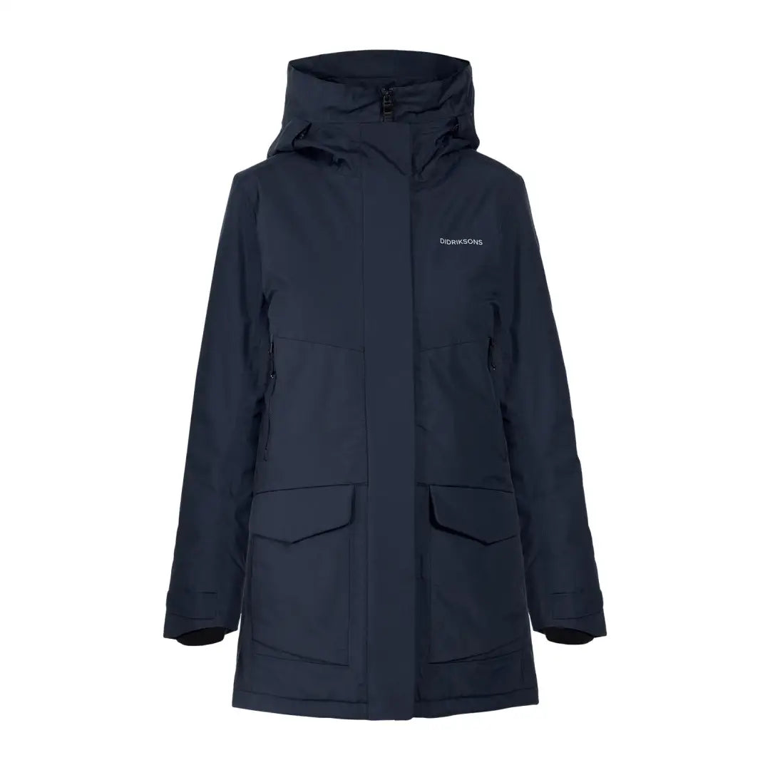Navy blue waterproof sporty mid-length parka with hood and four front pockets