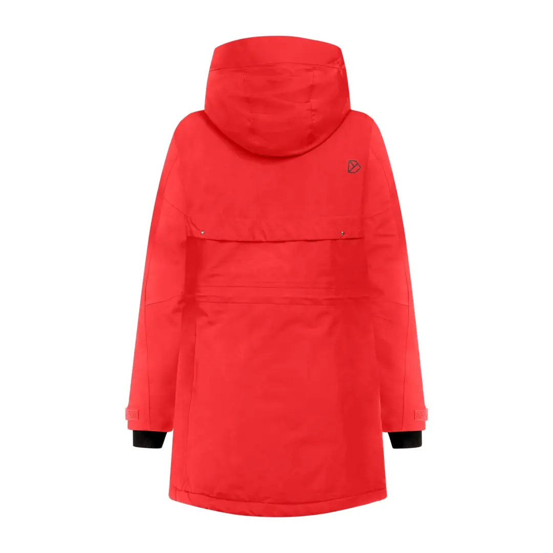 Red waterproof sporty mid-length parka with hood and black cuffs for Didriksons Frida Womens