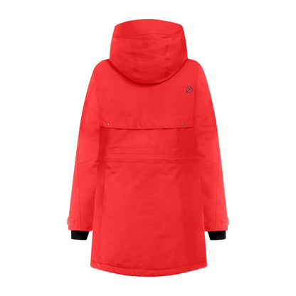 Red waterproof sporty mid-length parka with hood and black cuffs for Didriksons Frida Womens