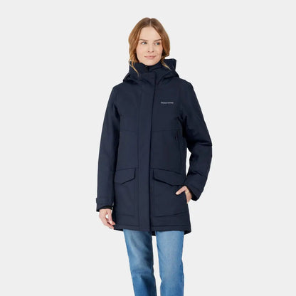 Woman in navy blue Didriksons Frida Womens Parka, a stylish sporty mid-length parka