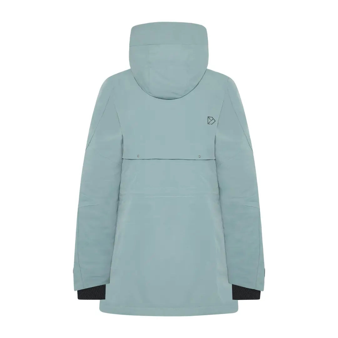 Light blue sporty mid-length parka with hood and black cuffs for women in Didriksons Frida