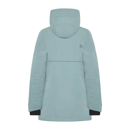 Light blue sporty mid-length parka with hood and black cuffs for women in Didriksons Frida