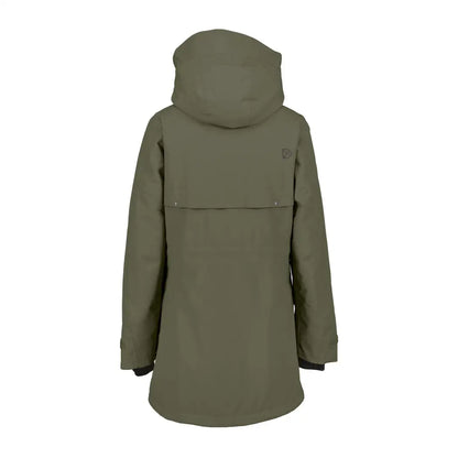 Olive green women’s sporty mid-length parka hooded coat for casual style