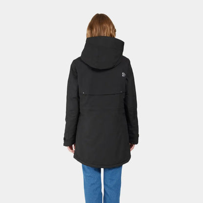Black Didriksons Frida Womens Parka, sporty mid-length winter coat with hood