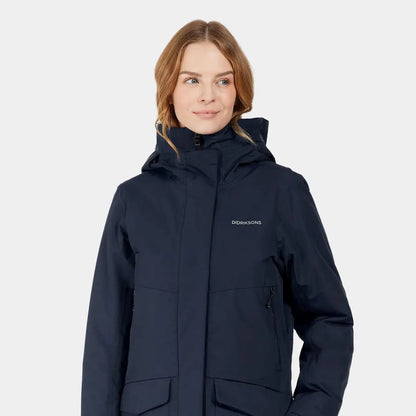 Woman in dark blue Didriksons Frida Womens Parka, a stylish sporty mid-length parka