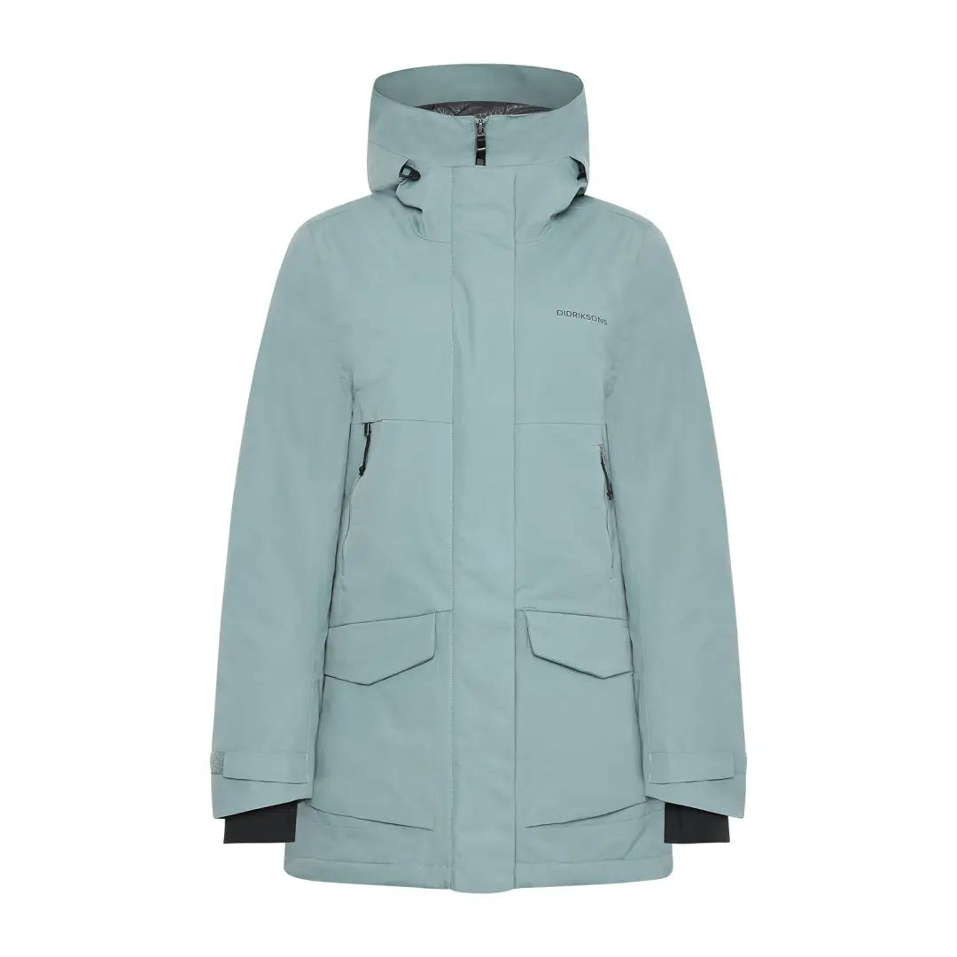 Light blue waterproof sporty mid-length parka with hood and multiple pockets for women