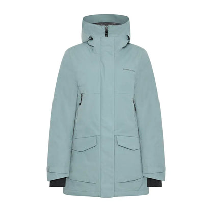 Light blue waterproof sporty mid-length parka with hood and multiple pockets for women