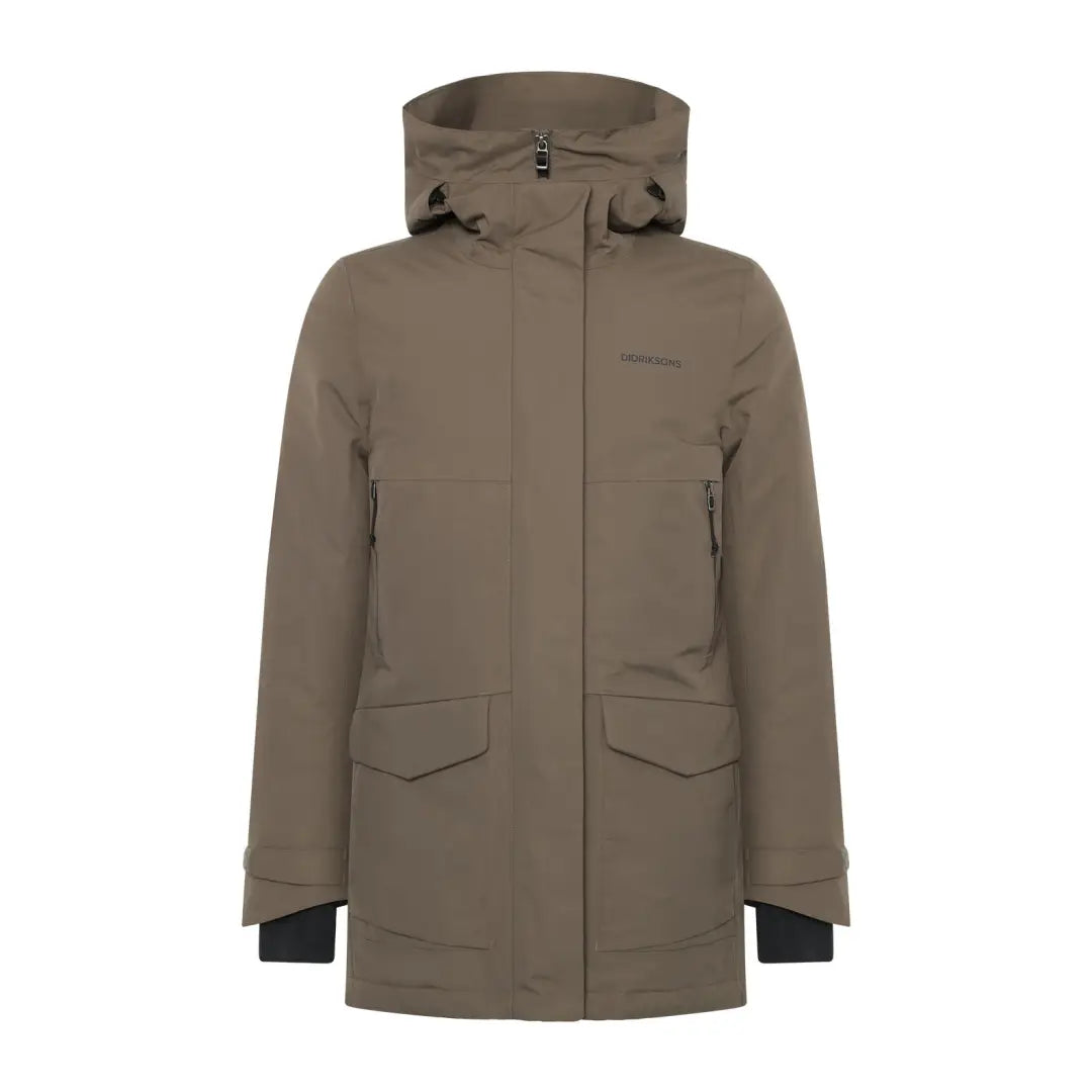 Olive green Didriksons Frida Womens Parka, sporty mid-length winter coat with pockets