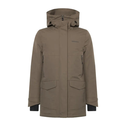Olive green Didriksons Frida Womens Parka, sporty mid-length winter coat with pockets