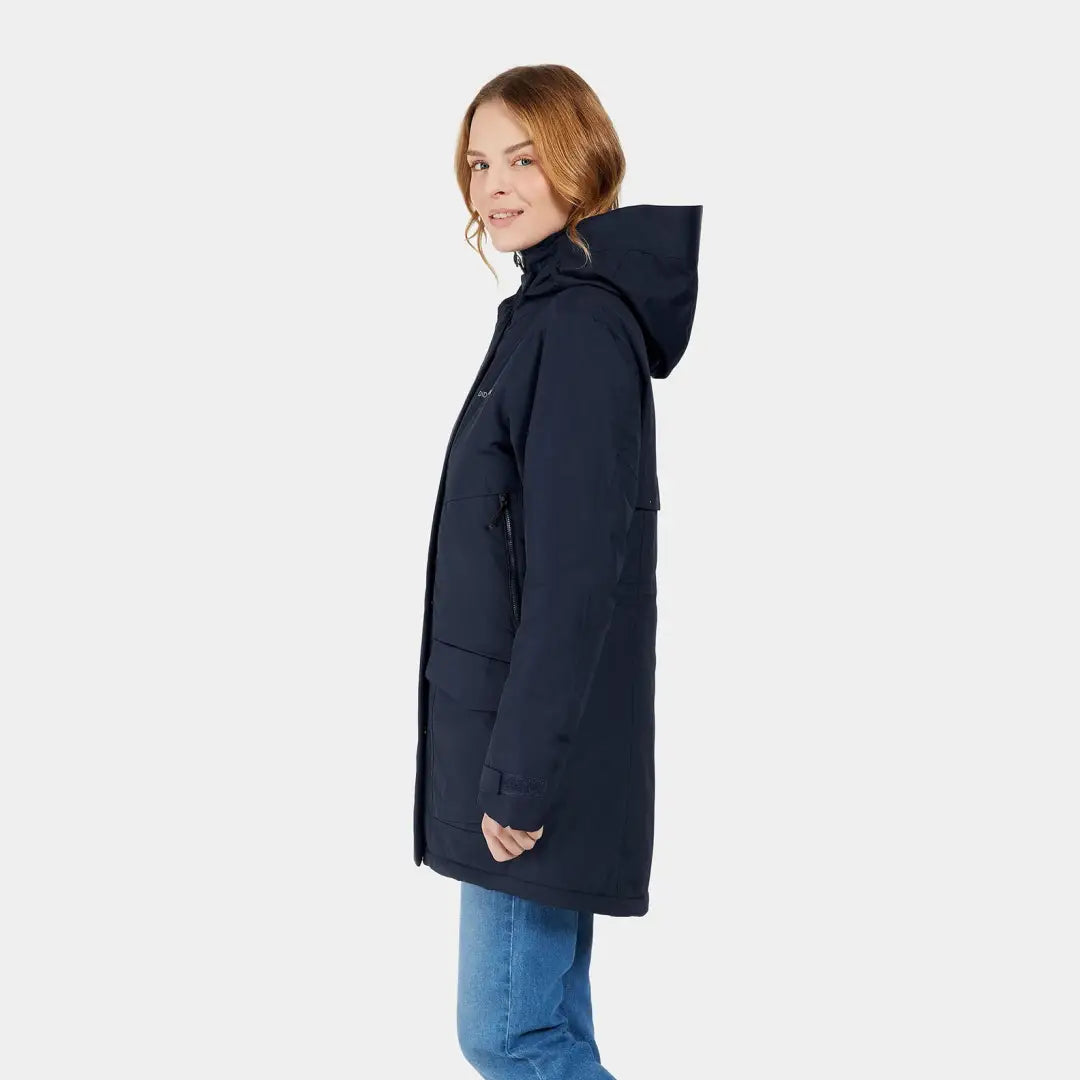 Woman in navy blue Didriksons Frida Womens Parka, a stylish sporty mid-length parka