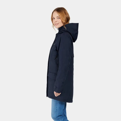 Woman in navy blue Didriksons Frida Womens Parka, a stylish sporty mid-length parka