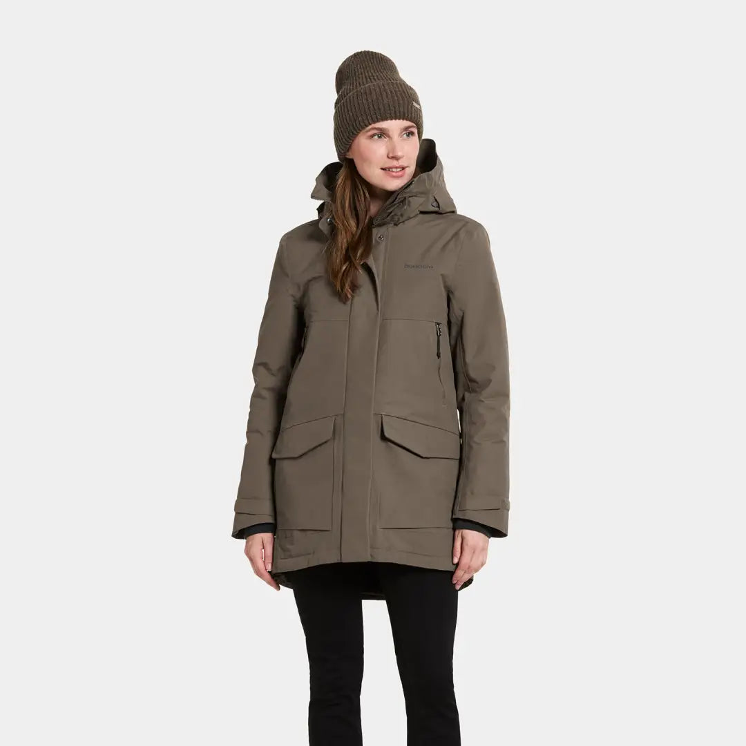 Olive green Didriksons Frida Womens Parka with hood and matching beanie, sporty mid-length parka