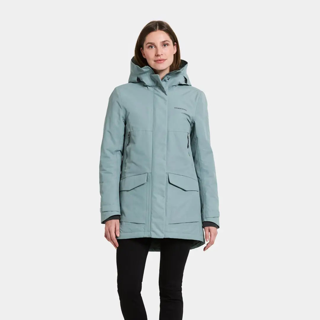 Light blue Didriksons Frida Womens Parka, a sporty mid-length winter parka with pockets