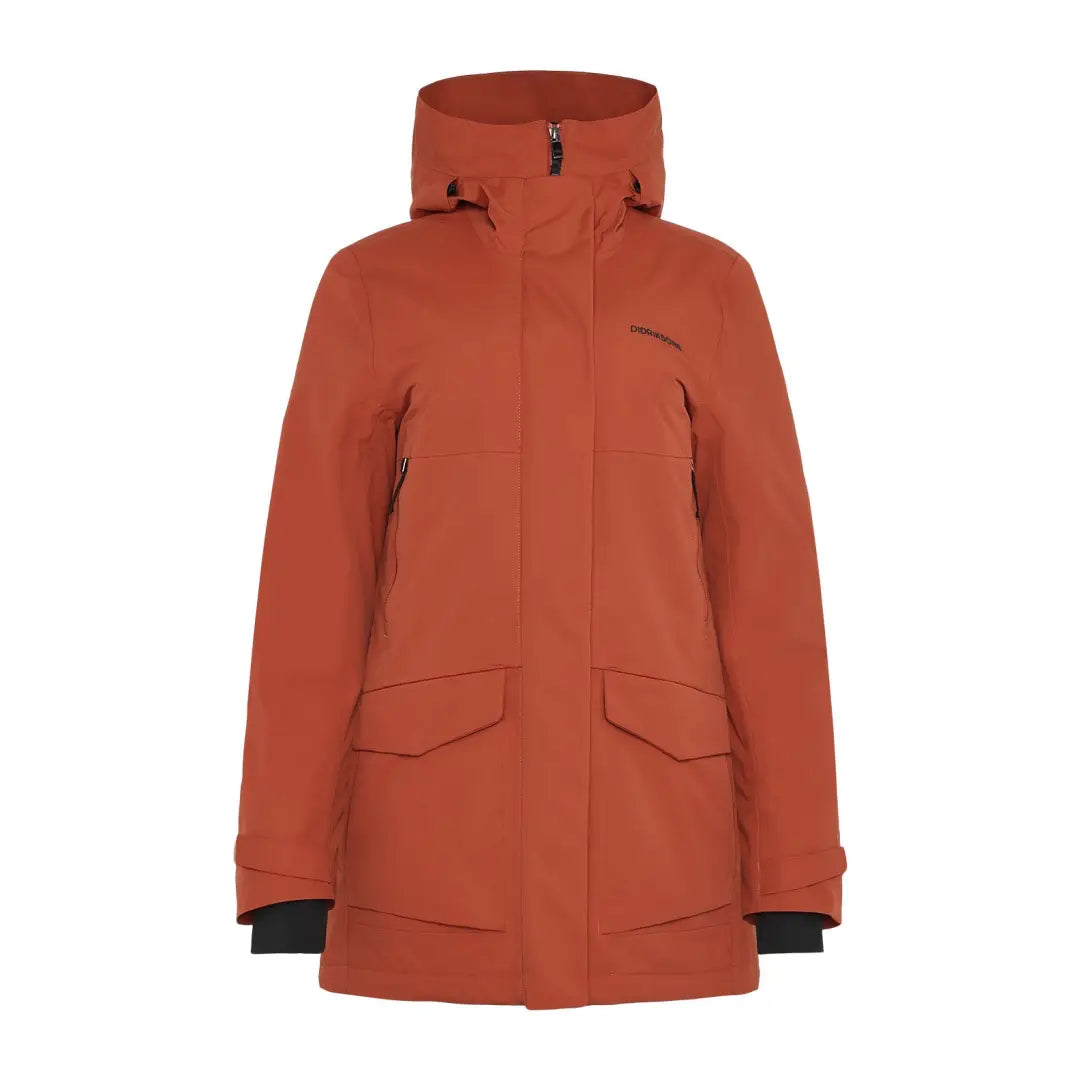 Rust-colored Didriksons Frida Womens Parka with hood, black cuffs, and multiple pockets for a sporty mid-length look