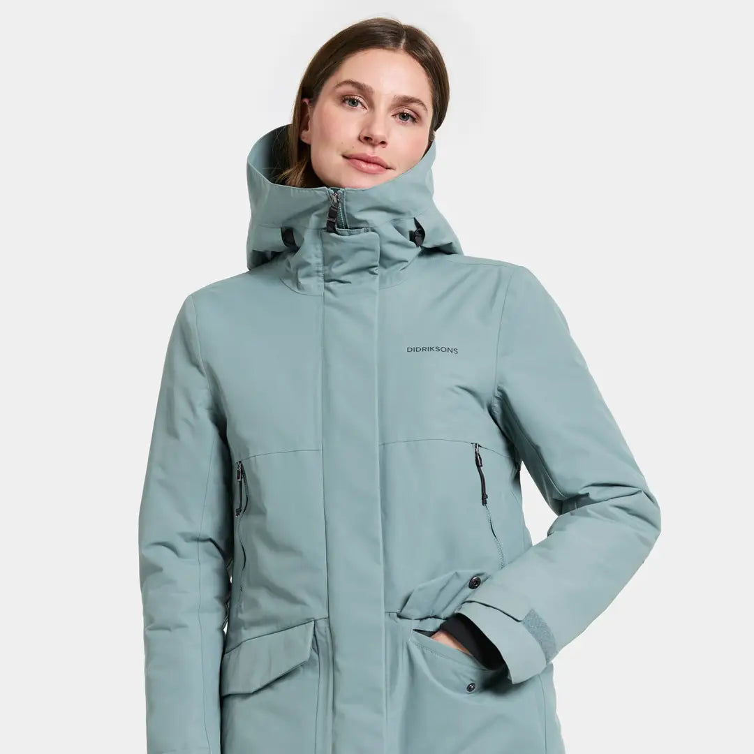 Light blue Didriksons Frida Womens Parka, a sporty mid-length winter parka for women