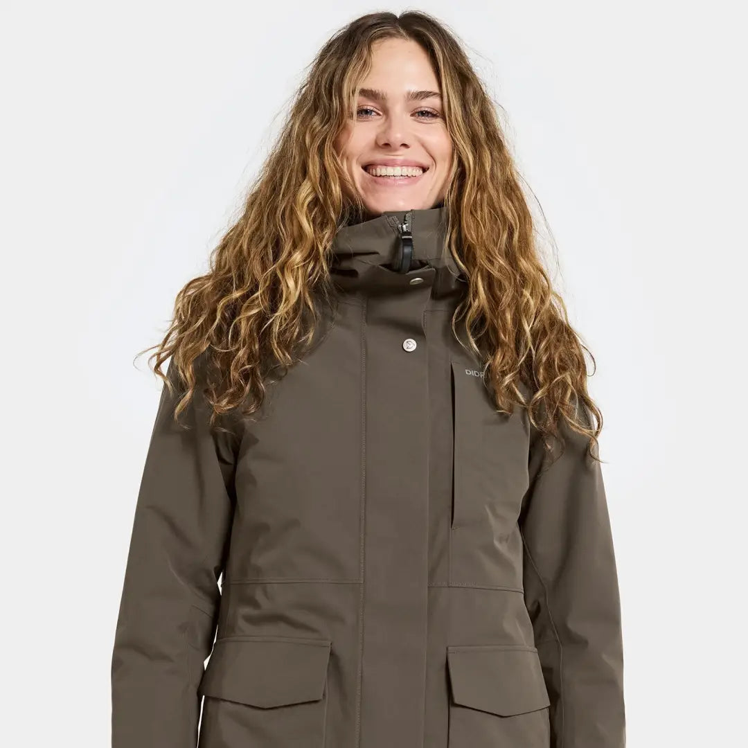 Women’s olive green waterproof Didriksons Harriet parka perfect for country clothing and hunting