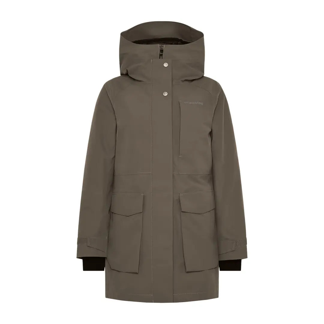 Didriksons Harriet womens olive green parka with hood and large pockets for country clothing