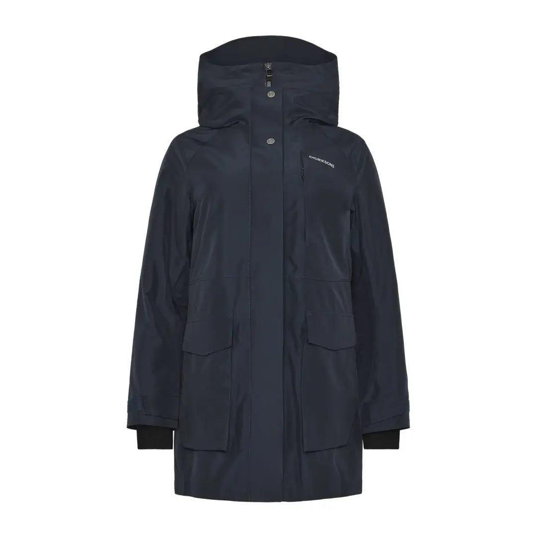 Didriksons Harriet womens parka in dark blue with flap pockets, perfect for country hunting style