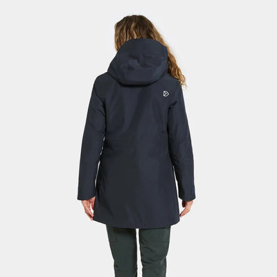 Woman modeling Didriksons Harriet black hooded parka with logo, perfect for country clothing or hunting