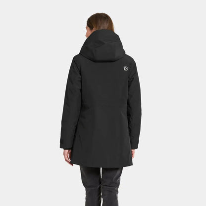 Woman modeling Didriksons Harriet black winter coat with hood, perfect for country clothing and hunting