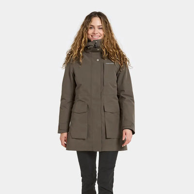 Didriksons Harriet womens parka in olive green with high collar and front pockets for country clothing and hunting